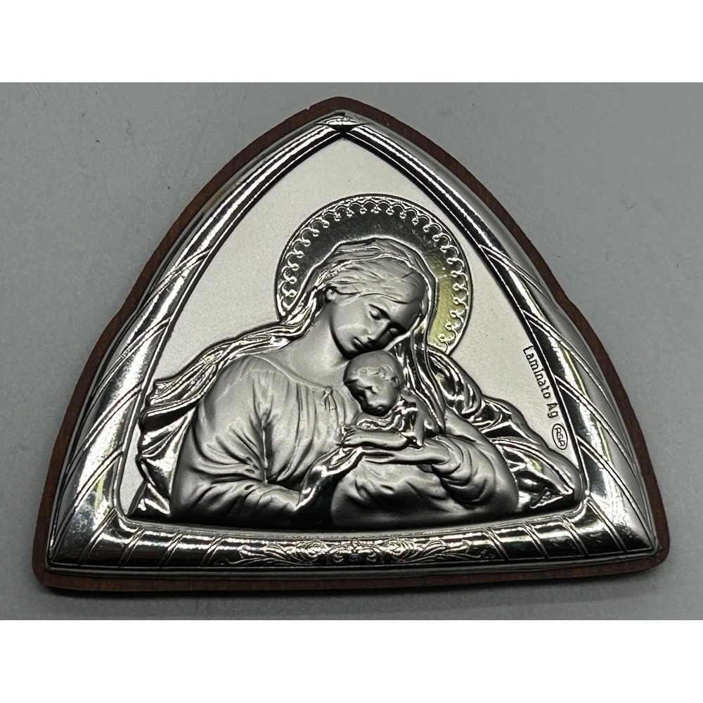 Vtg Italian Mother & Child AG Silver Icon On Wood Signed by Artist 2"‎ x 2.5"
